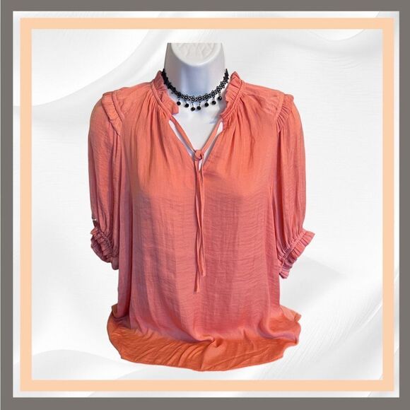 Rachel Roy Women's SM Coral Blouse Ruffle Trim, Rouching V-Neck Tie Closure NWT - Picture 1 of 9